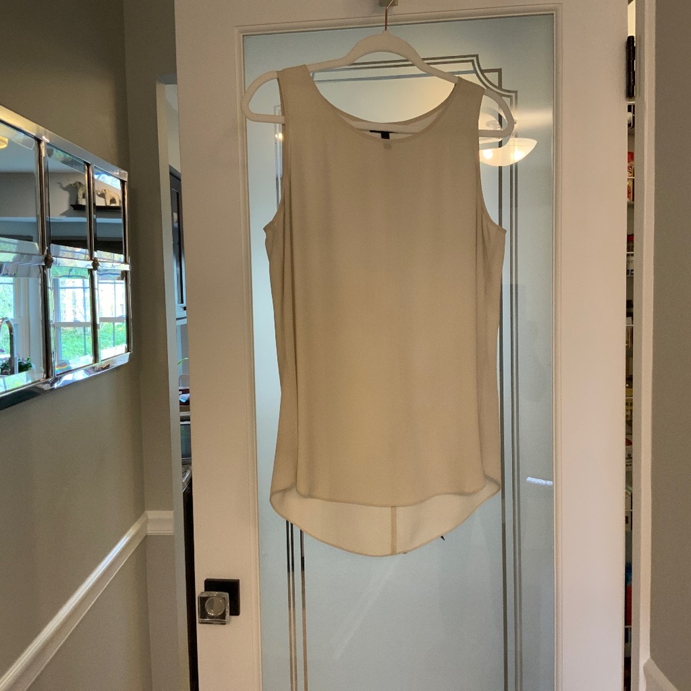 Silk georgette crepe ballet neck long tank. Color is Bone.